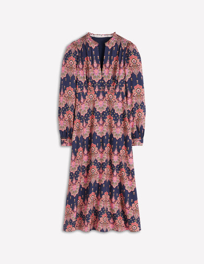 Robe Cassie style 40s à smocks-Bleu marine, motif cachemire ornementé-6