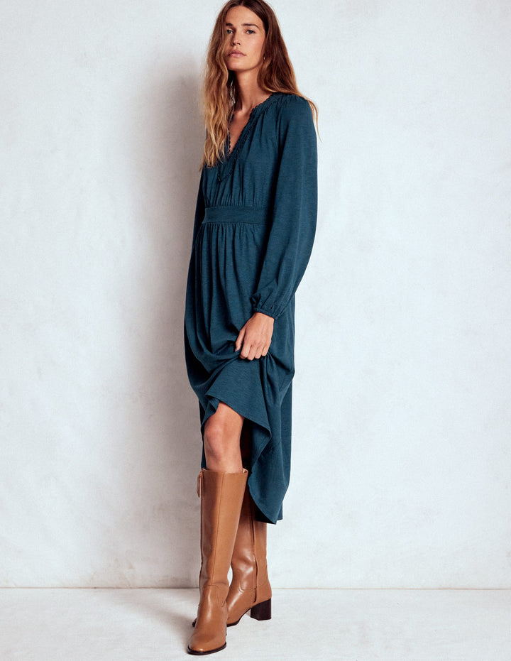 Maddie Picot Trim Midi Dress-Midnight Teal