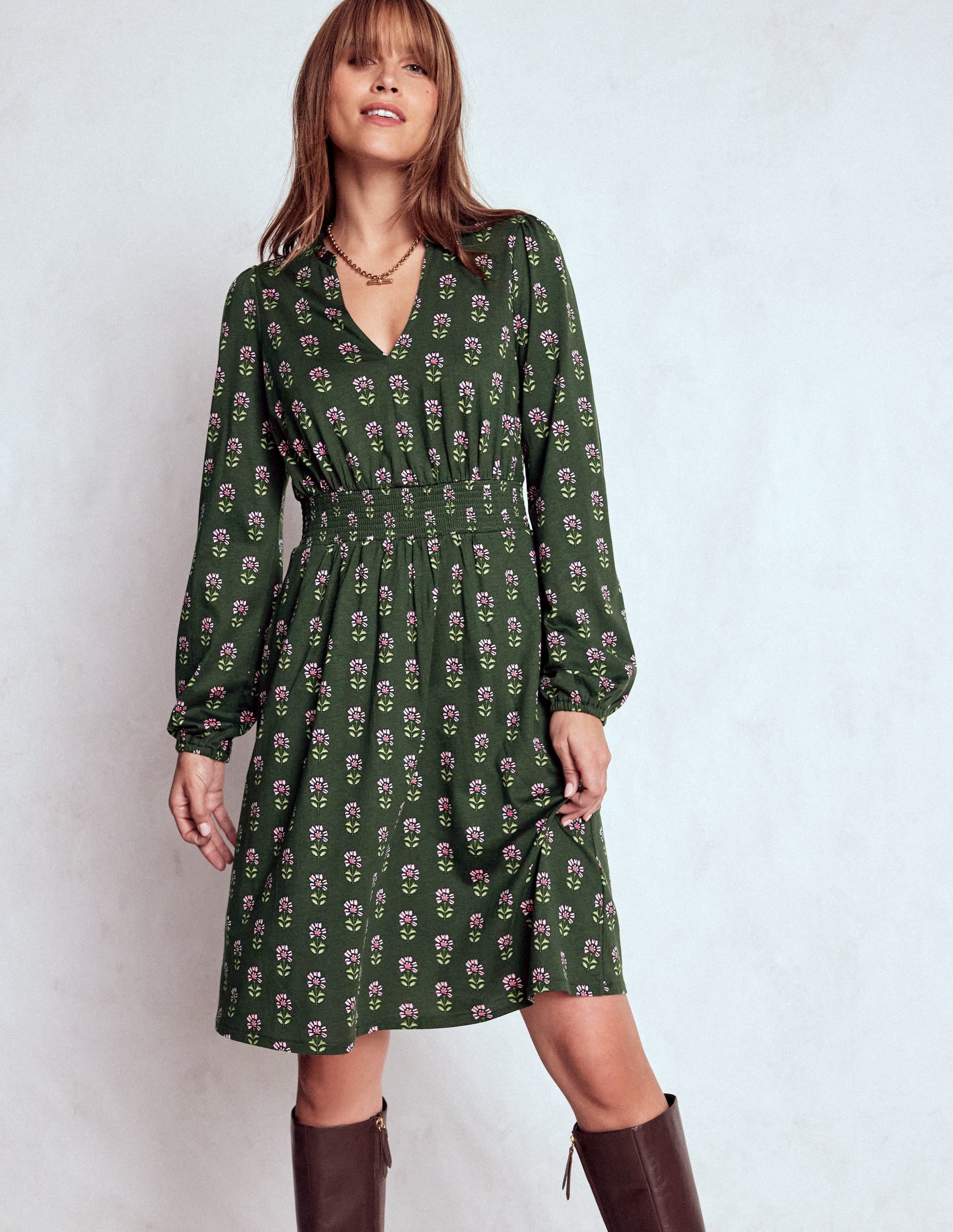 Sarah Kurzes Jerseykleid-Wintermoos, Holzblock Blumenmuster - Image 1