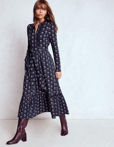 Robe-chemise Edwina en jersey-Bleu marine foncé, motif floral xylographique