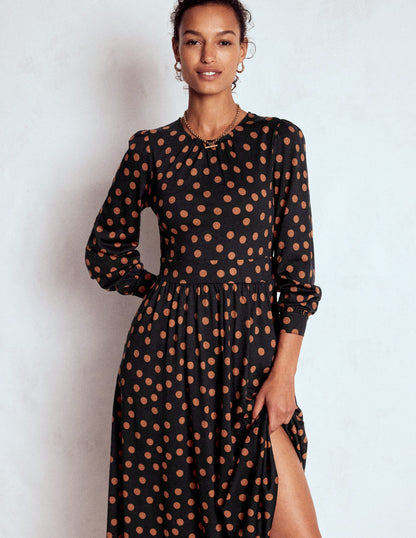 Alexandra Jersey-Midikleid-Schwarz, Tupfen in Schildpattoptik-5