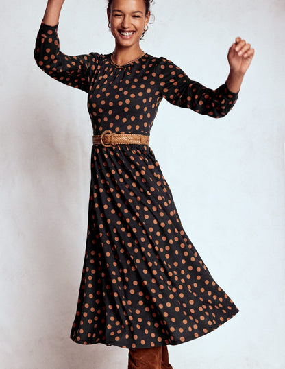 Alexandra Jersey-Midikleid-Schwarz, Tupfen in Schildpattoptik-1