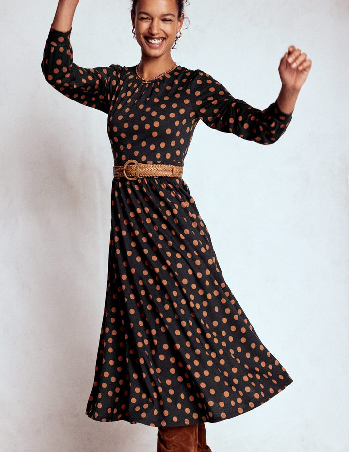Alexandra Jersey Midi Dress-Black, Tortoise Shell Dot