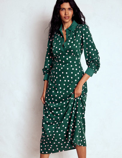 Hemdblusenkleid mit Empire-Taille-Smaragdgrün, Gemalte Tupfen-5