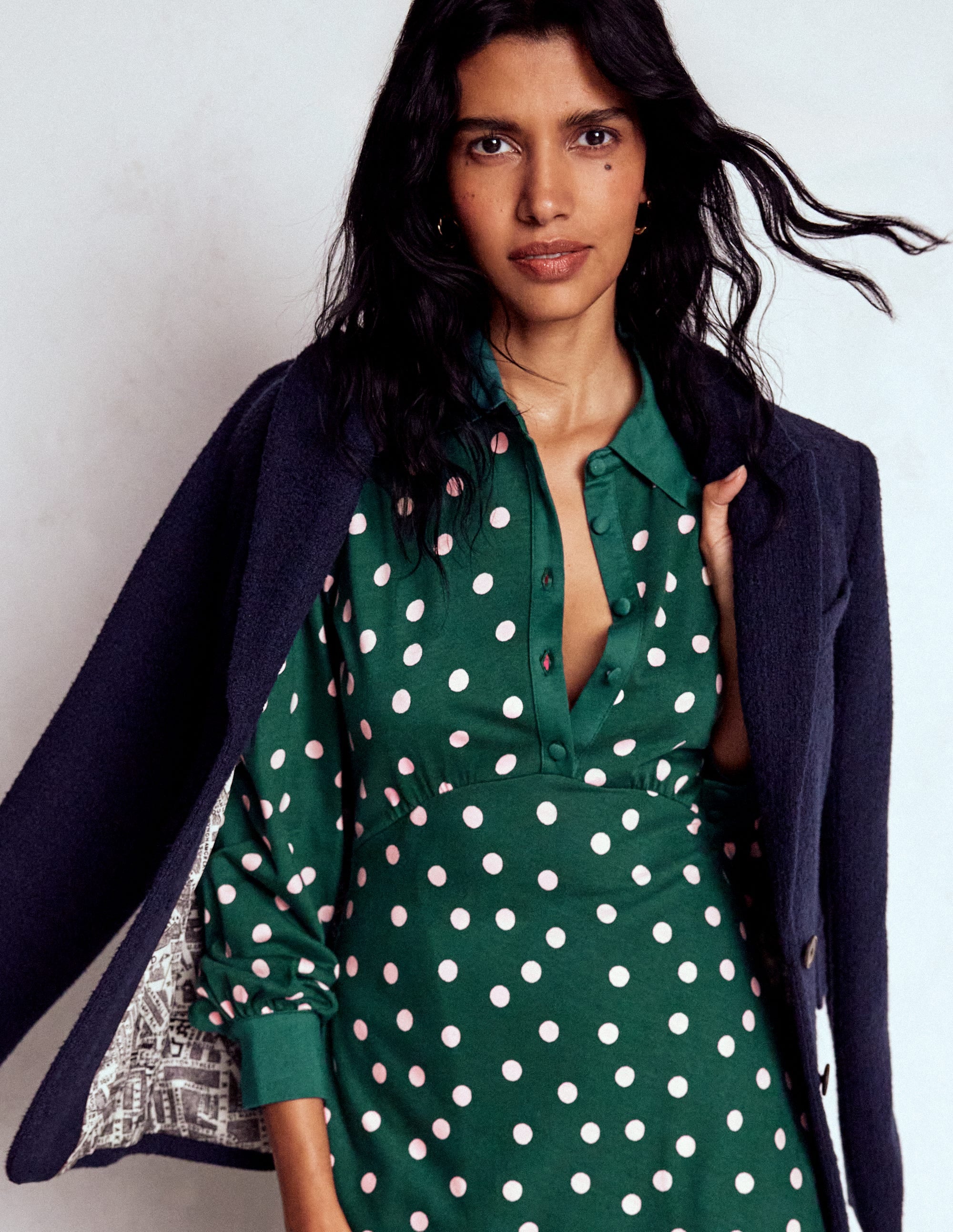 Empire Waistline Shirt Dress-Emerald Night, Painted Dot - Image 5