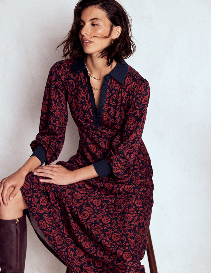 Robe-chemise à taille empire-Rouge, motif Ornate Flora