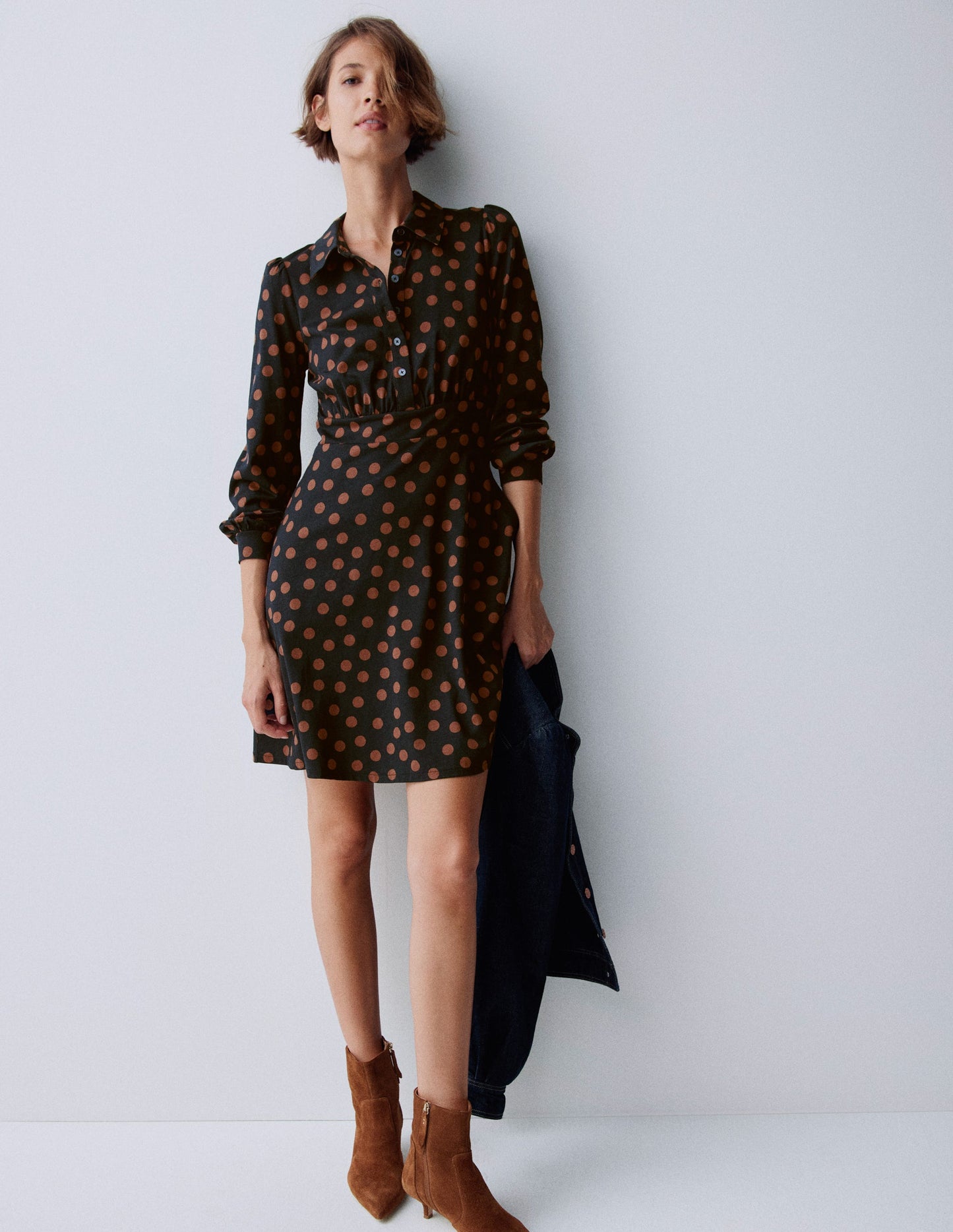 Orla Short Jersey Shirt Dress-Russet, Painted Dot