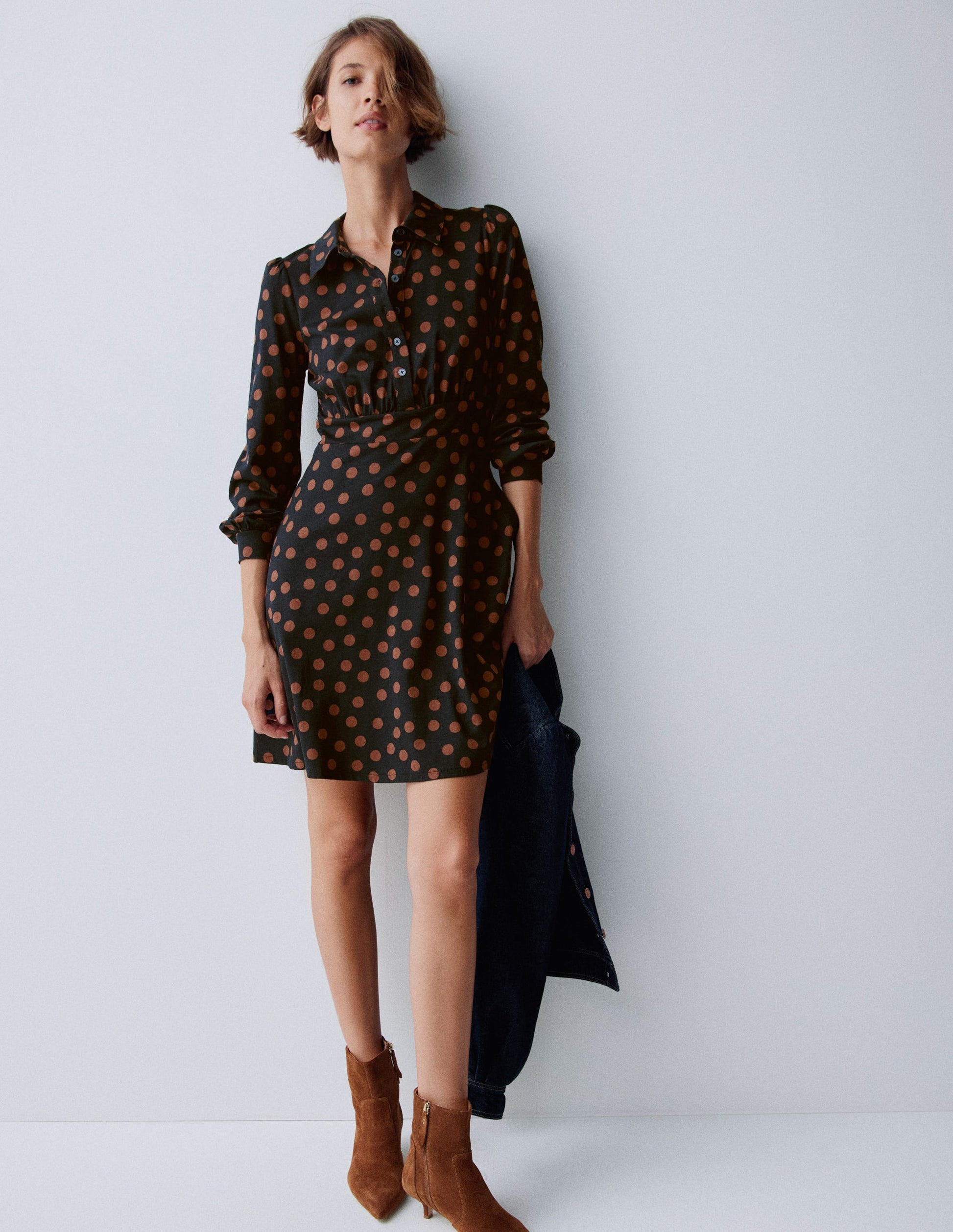 Orla Short Jersey Shirt Dress-Russet, Painted Dot-1