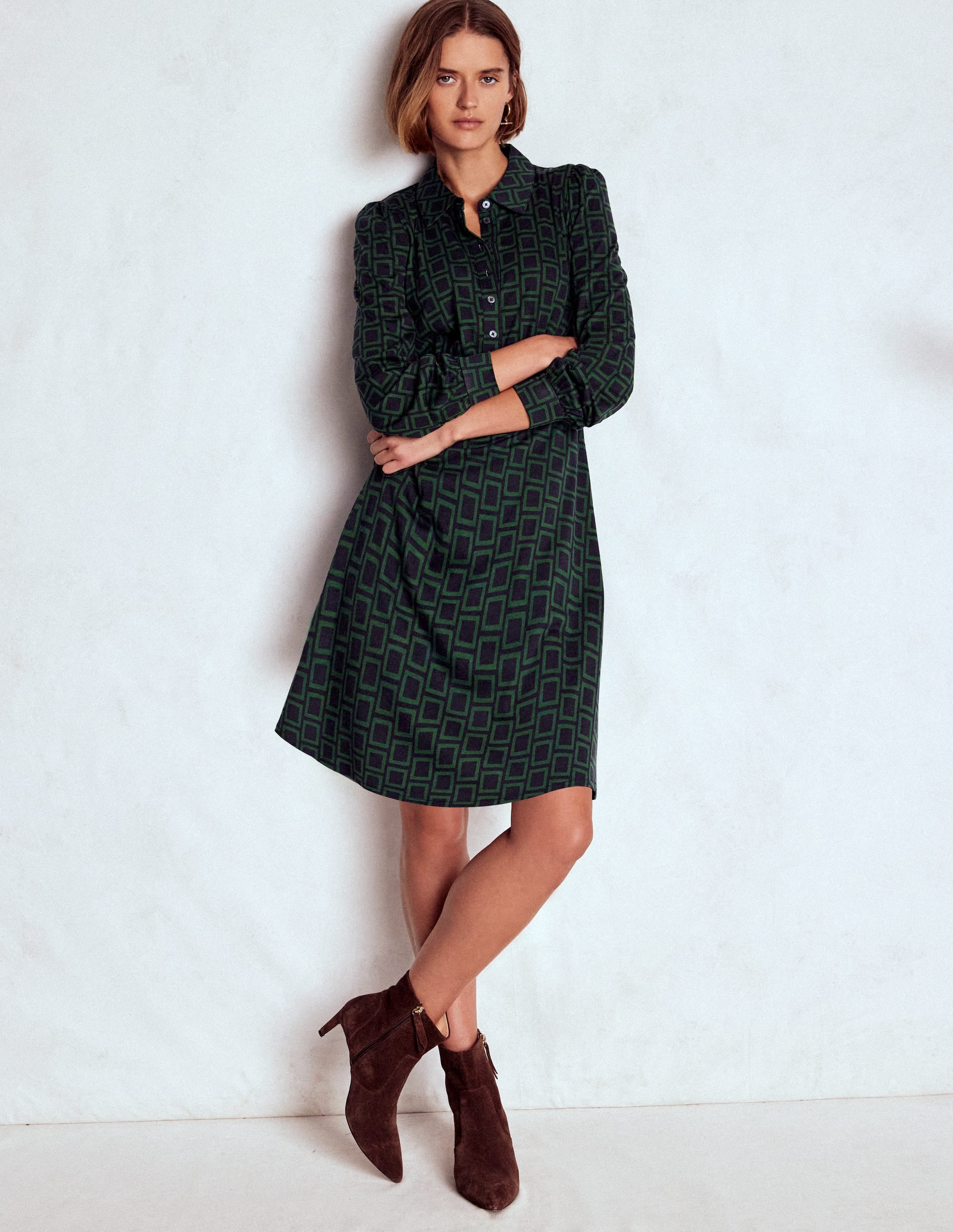 Orla Kurzes Jersey-Hemdblusenkleid-Dunkelgrün, Quadrat Geometrisch - Image 1