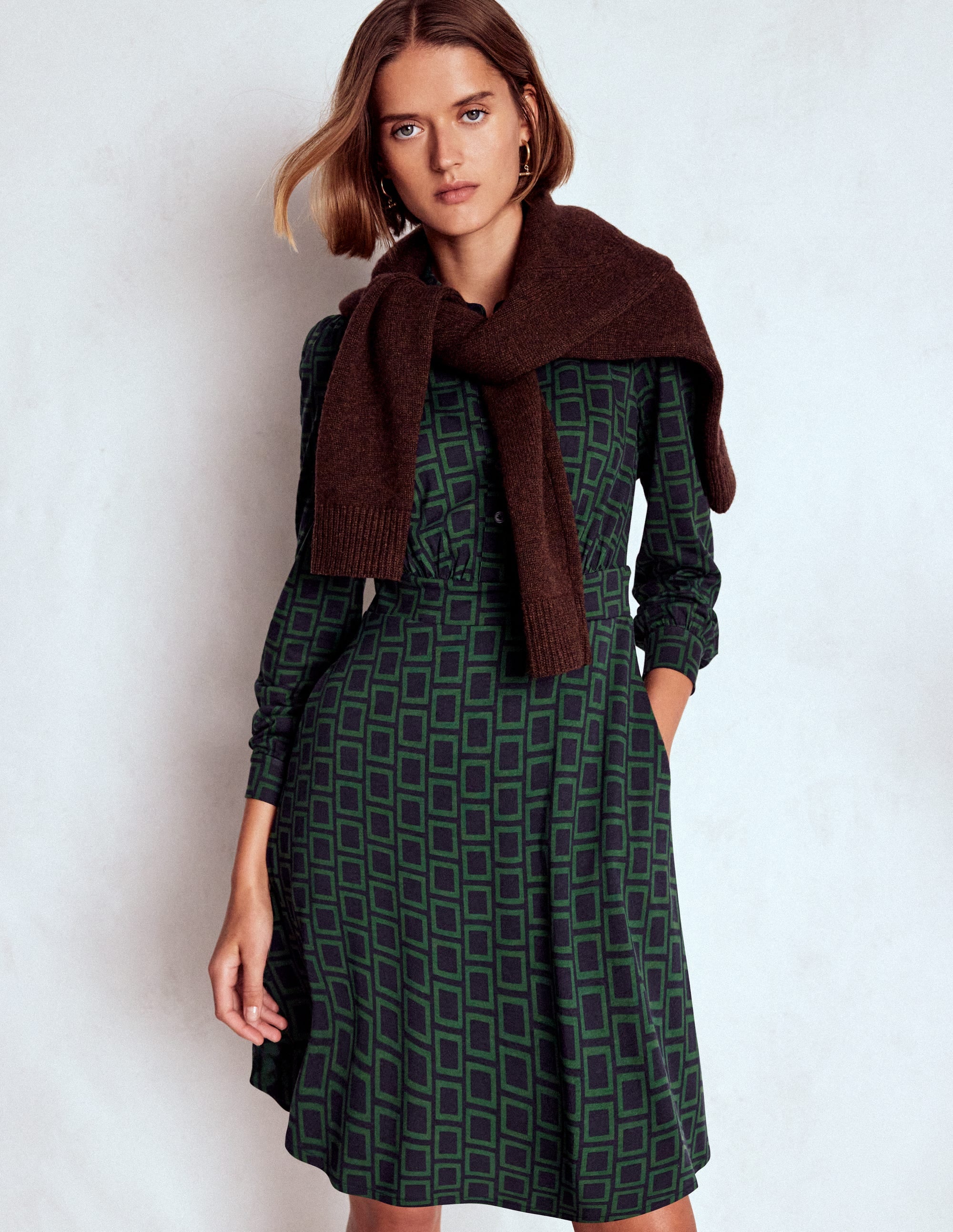 Orla Kurzes Jersey-Hemdblusenkleid-Dunkelgrün, Quadrat Geometrisch - Image 4