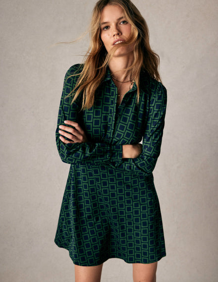 Orla Kurzes Jersey-Hemdblusenkleid-Dunkelgrün, Quadrat Geometrisch
