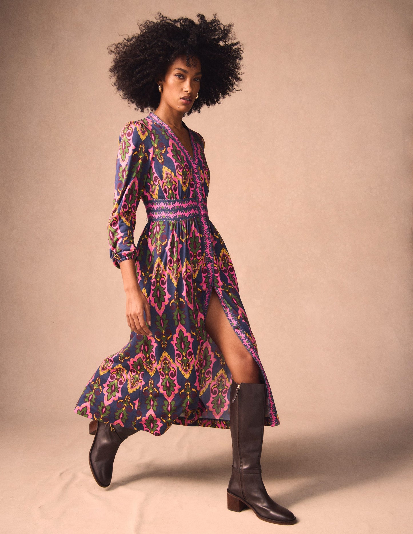 Natalia Langärmliges Teekleid-Französisches Marineblau, Ornamente