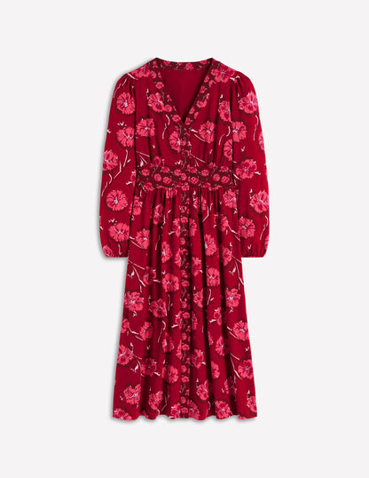 Robe Natalia style 40s à manches longues-Rouge, motif Delicate Carnation-7