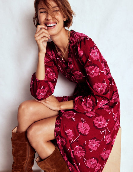 Natalia Long Sleeve Tea Dress-Red, Delicate Carnation