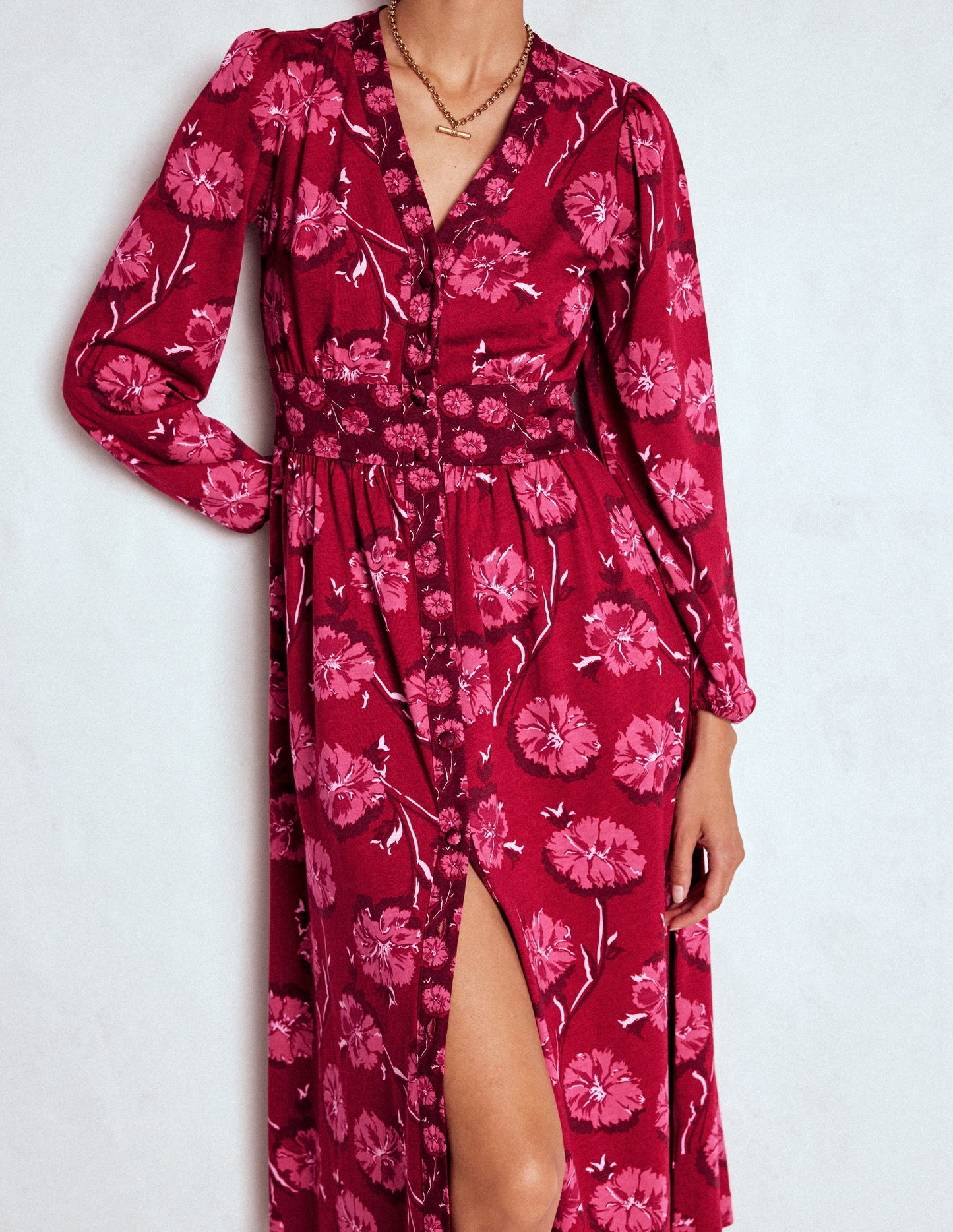 Robe Natalia style 40s à manches longues-Rouge, motif Delicate Carnation