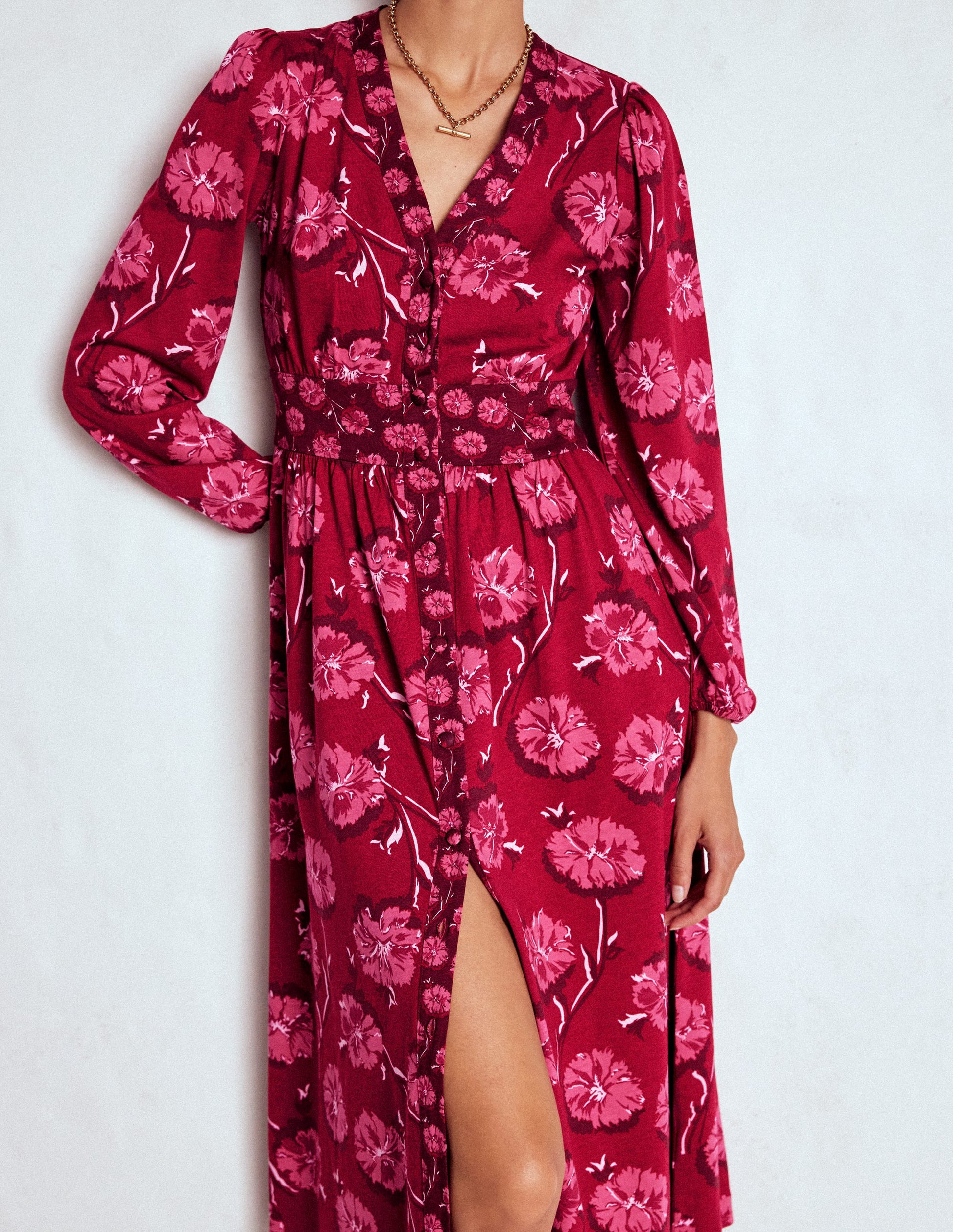 Robe Natalia style 40s à manches longues-Rouge, motif Delicate Carnation-2
