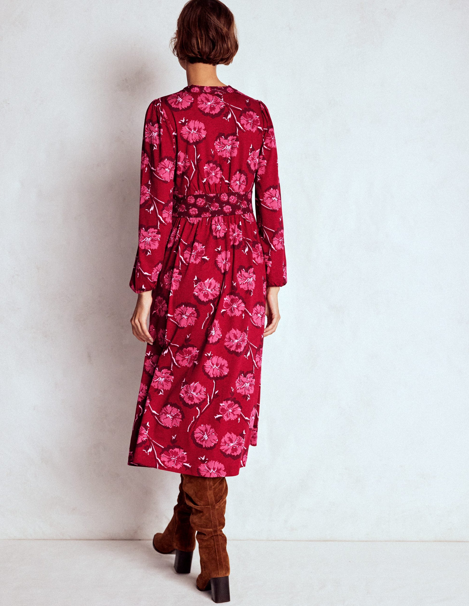 Robe Natalia style 40s à manches longues-Rouge, motif Delicate Carnation-3