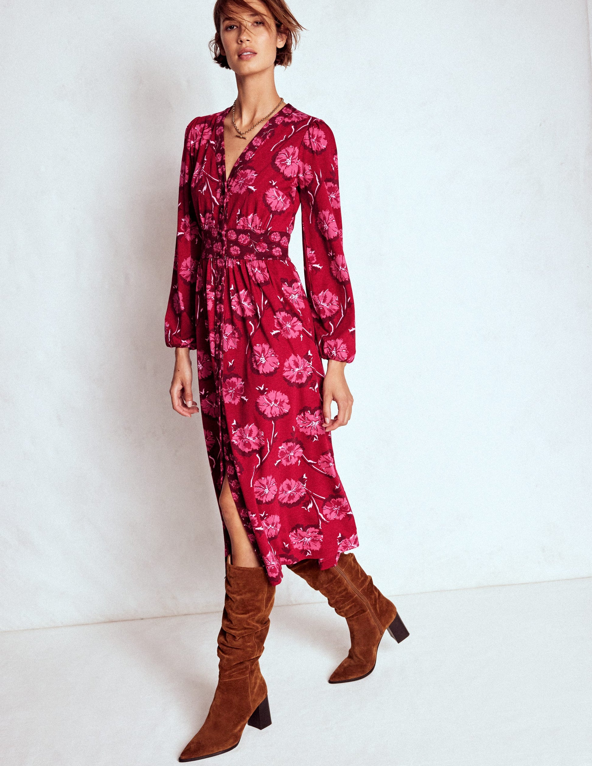 Robe Natalia style 40s à manches longues-Rouge, motif Delicate Carnation-4