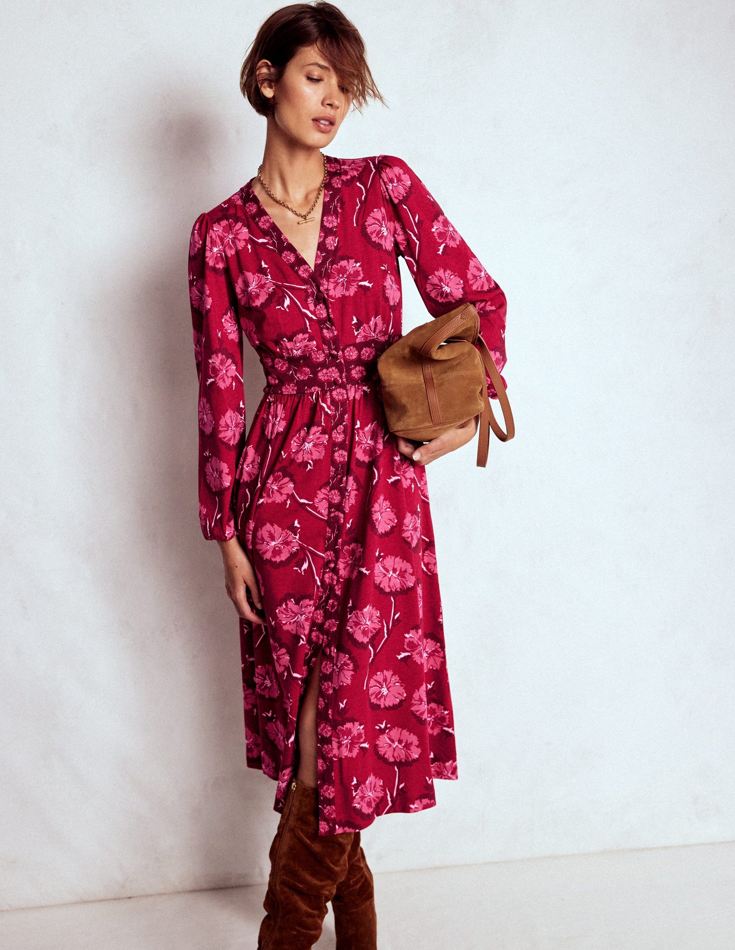 Robe Natalia style 40s à manches longues-Rouge, motif Delicate Carnation