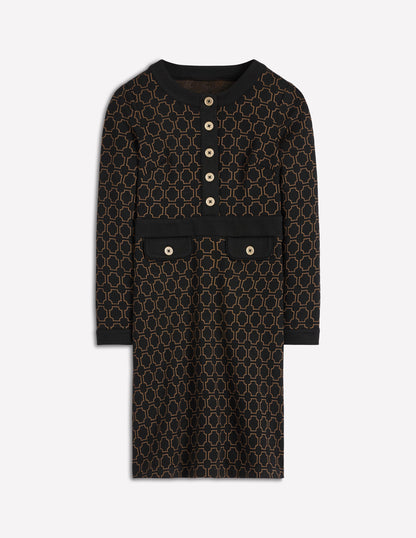 Lavinia Button Shift Dress-Black/Camel Jacquard-6