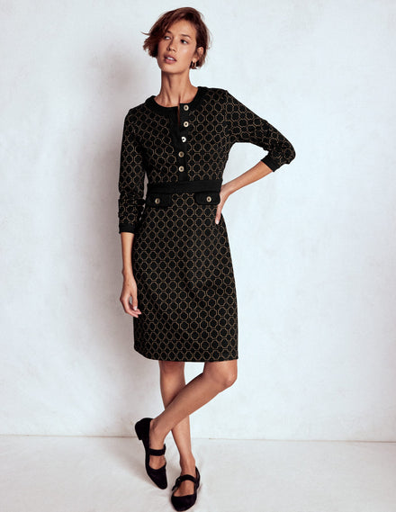 Robe Lavinia droite et boutonnée-Tissage jacquard noir/camel