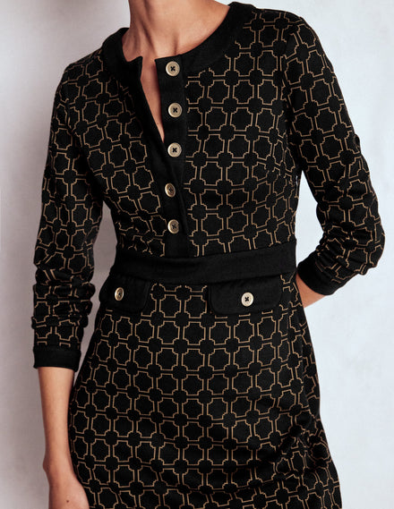 Robe Lavinia droite et boutonnée-Tissage jacquard noir/camel