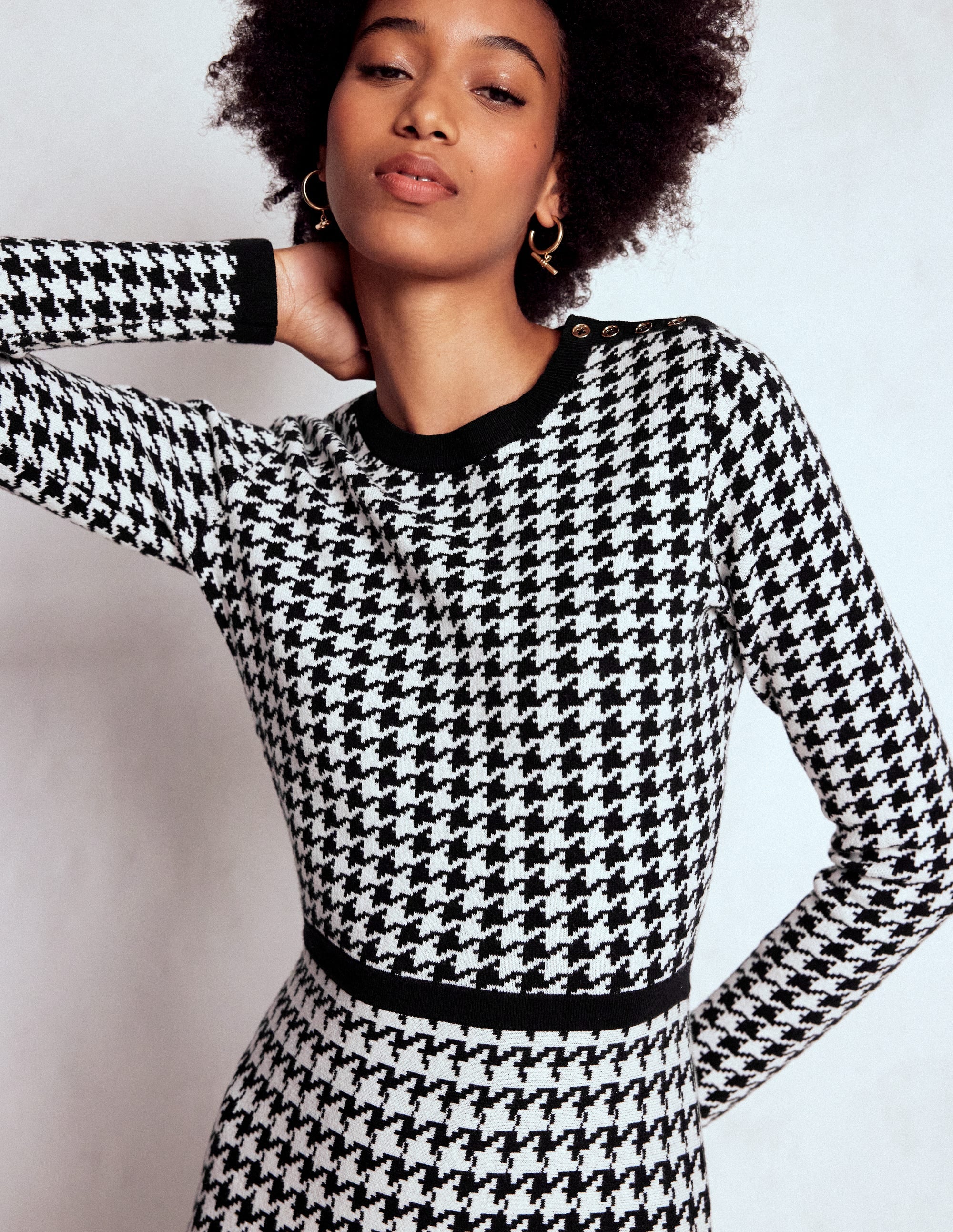 Robe Maria boutonnée en maille-Pied-de-poule noir et ivoire - Image 2