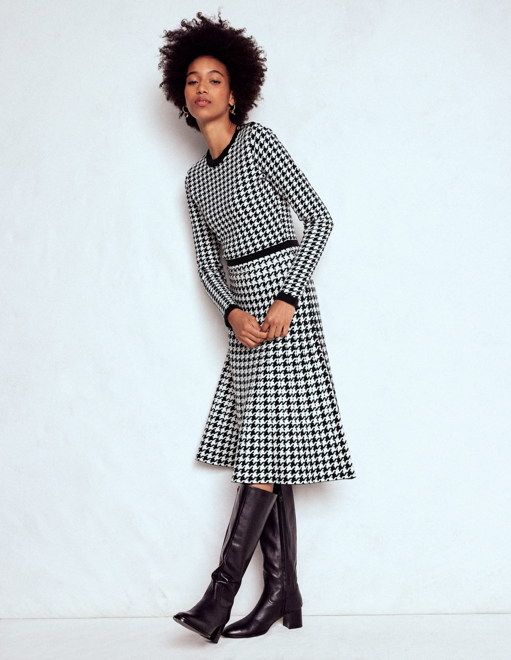 Robe Maria boutonnée en maille-Pied-de-poule noir et ivoire - Image 4