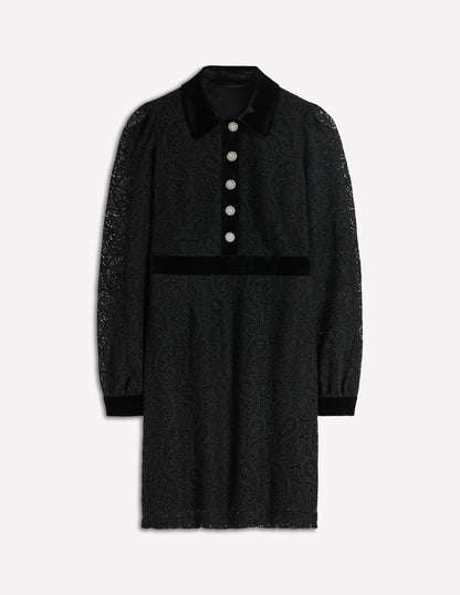 Spitzenkleid mit Knöpfen und Kragen-Schwarz-6