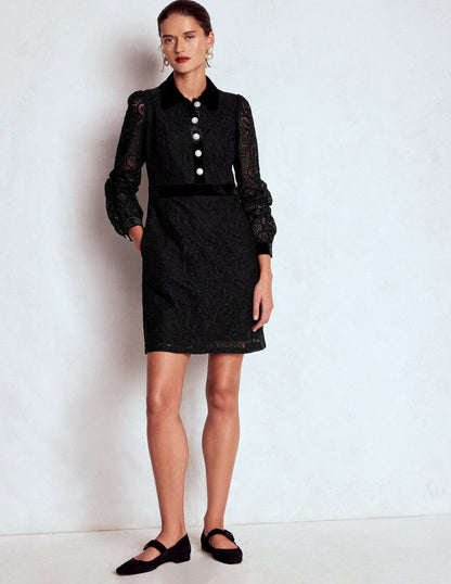 Spitzenkleid mit Knöpfen und Kragen-Schwarz-4