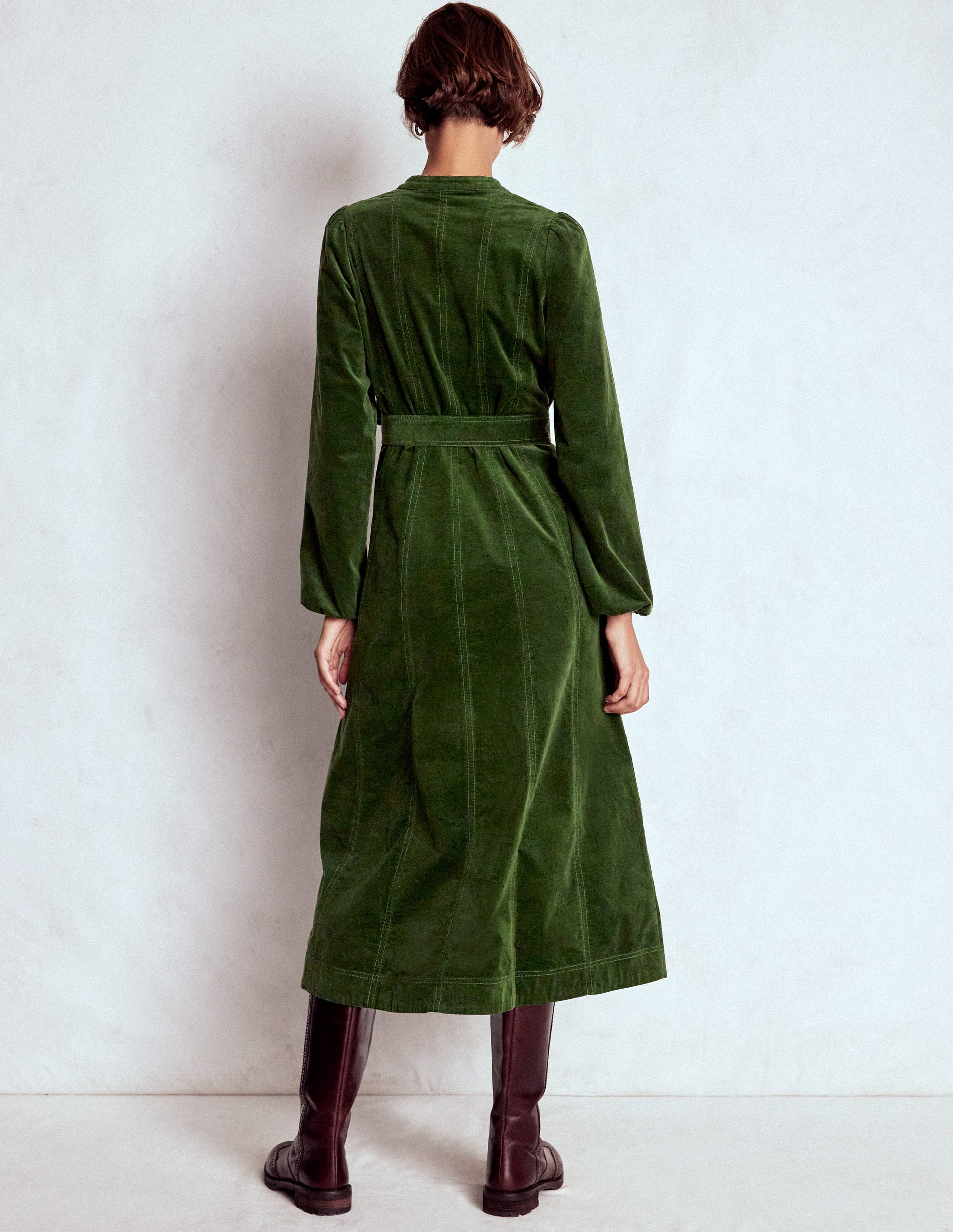 Robe midi Ros en velours côtelé à empiècements-Sapin vert-3