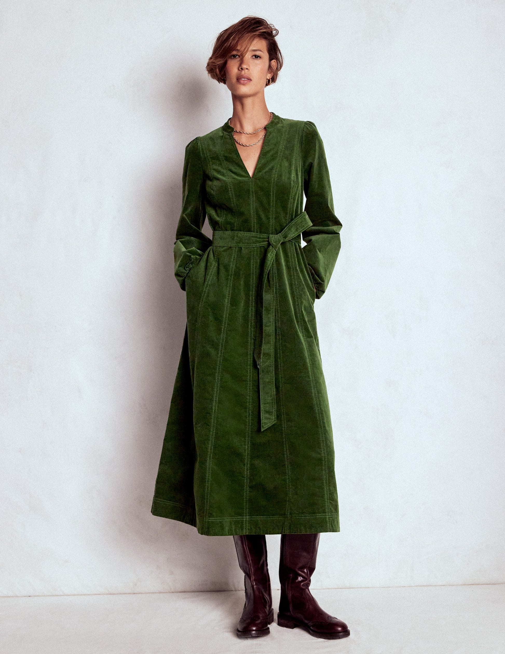 Robe midi Ros en velours côtelé à empiècements-Sapin vert-4
