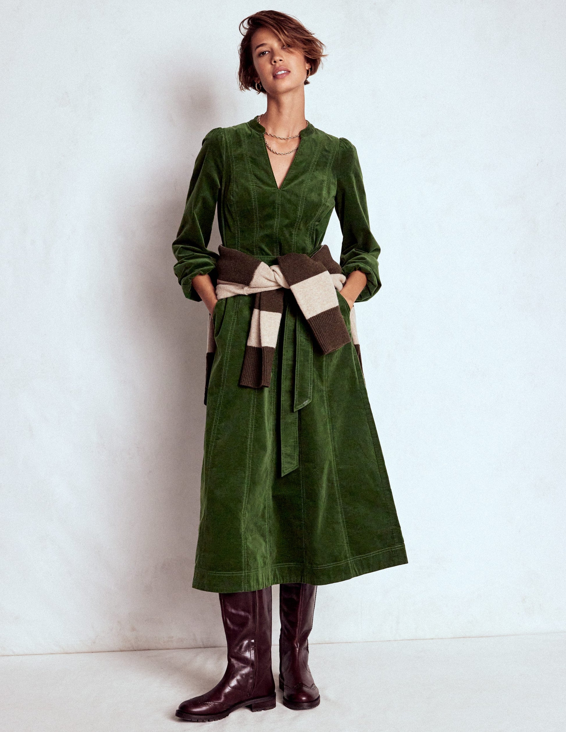 Robe midi Ros en velours côtelé à empiècements-Sapin vert-5