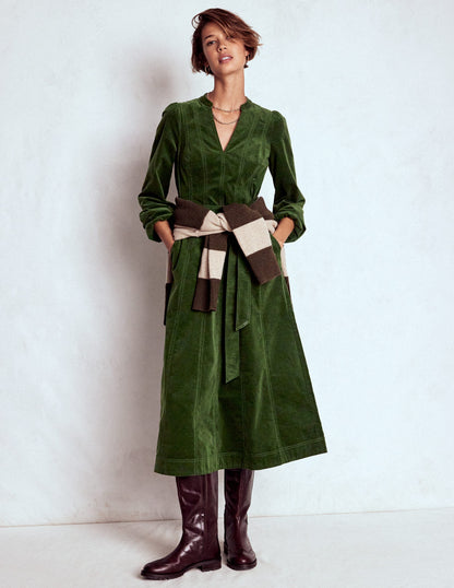 Robe midi Ros en velours côtelé à empiècements-Sapin vert-5