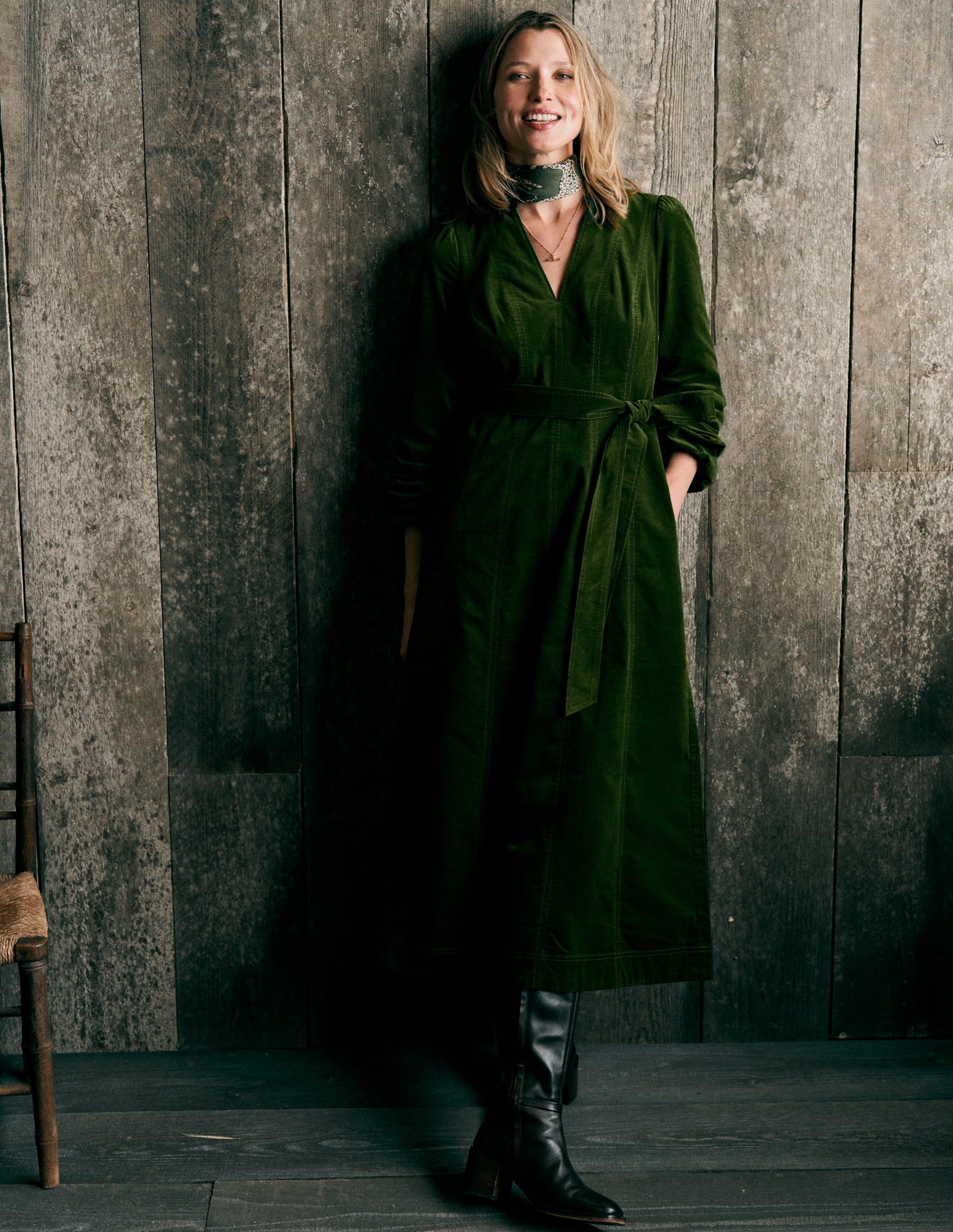 Ros Panelled Cord Midi Dress-Green Fir-1