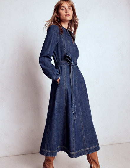 Robe midi Ros en jean à empiècements-Denim indigo