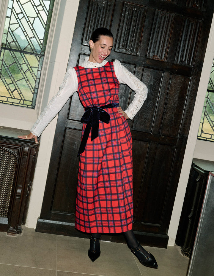 Kariertes Kleid mit U-Ausschnitt am Rücken-Rot, Marineblau und Lila Kariert