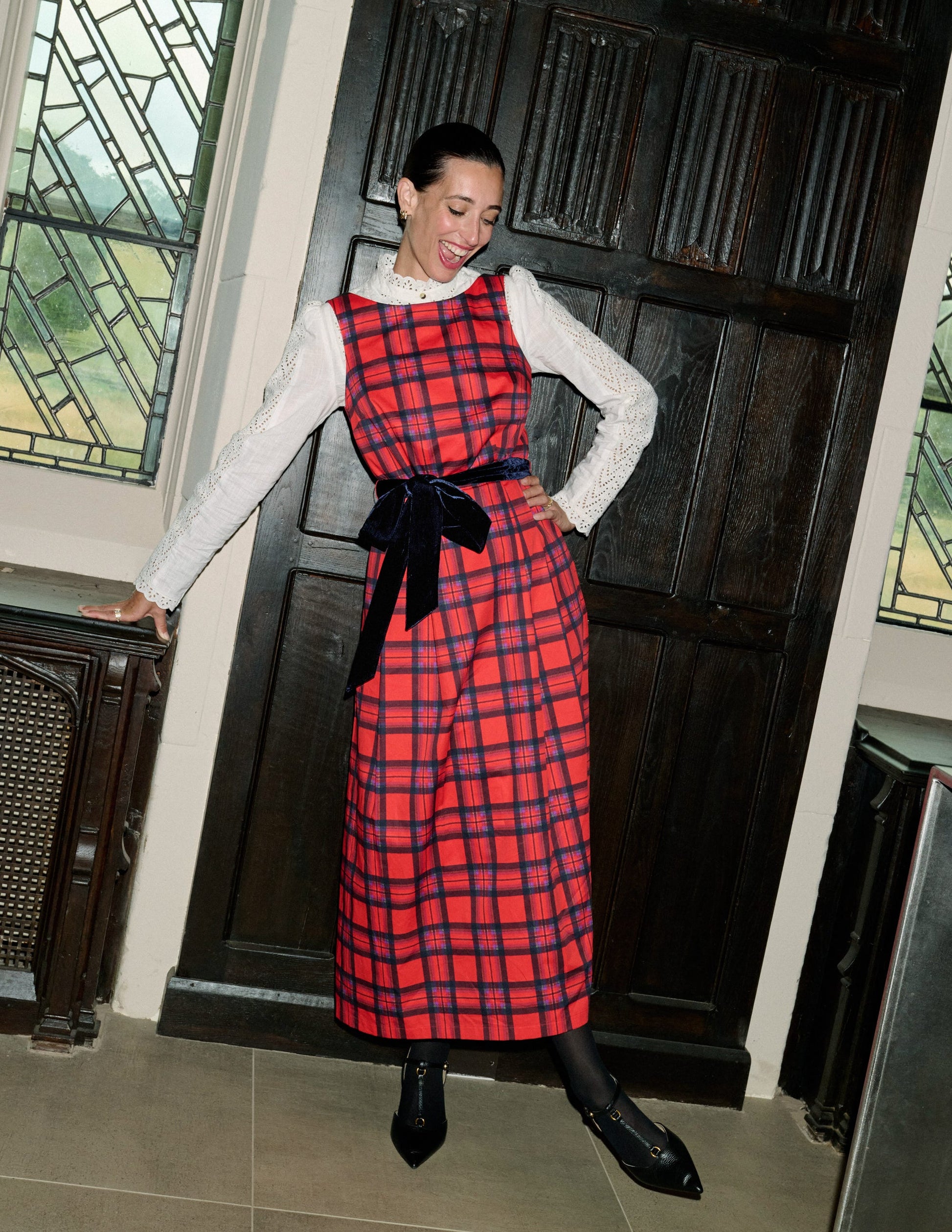 Kariertes Kleid mit U-Ausschnitt am Rücken-Rot, Marineblau und Lila Kariert-1