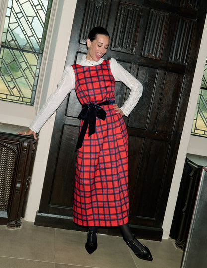 Kariertes Kleid mit U-Ausschnitt am Rücken-Rot, Marineblau und Lila Kariert-1