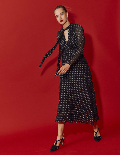 Midikleid zum Binden-Schwarz und Gold Clip-Muster-2