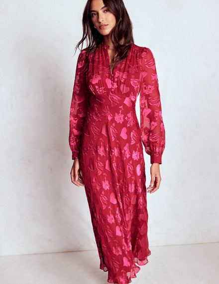Robe style 40s Cassie en velours dévoré-Pivoine rose, motif Dainty Medley