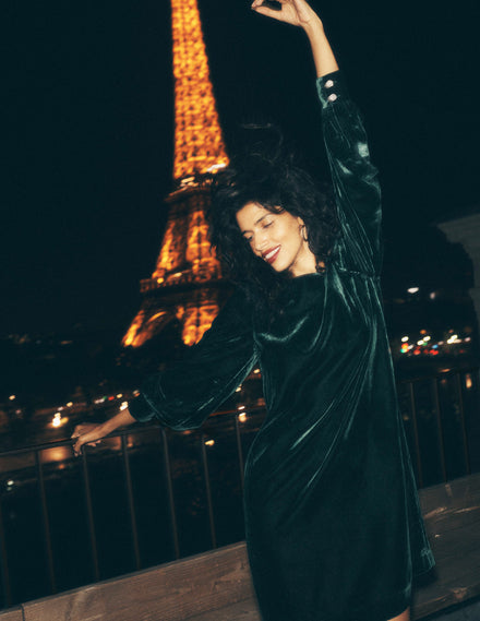 Robe droite Estella en velours-Émeraude nocturne