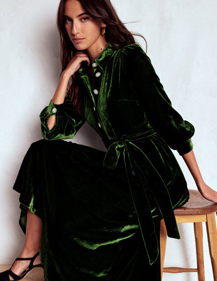 Robe midi Vivienne en velours-Sapin vert
