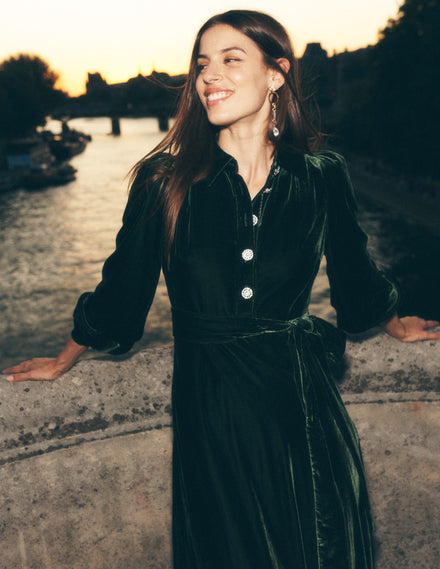 Robe midi Vivienne en velours-Sapin vert
