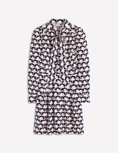 Robe courte nouée au col-Bleu marine foncé, motif Geo Swan-7