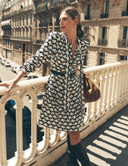 Robe courte nouée au col-Bleu marine foncé, motif Geo Swan-1