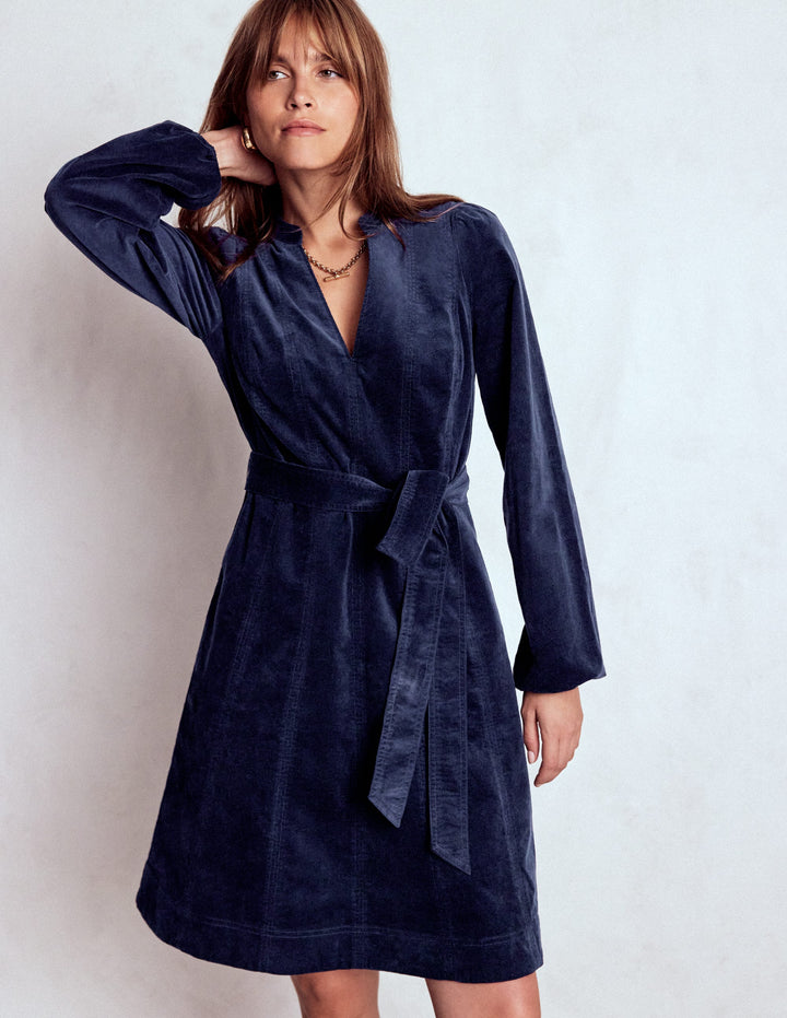 Robe courte Ros en velours côtelé à empiècements-Bleu marine