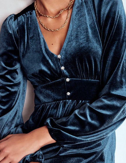 Robe courte Jocelyn en velours-Océan de minuit