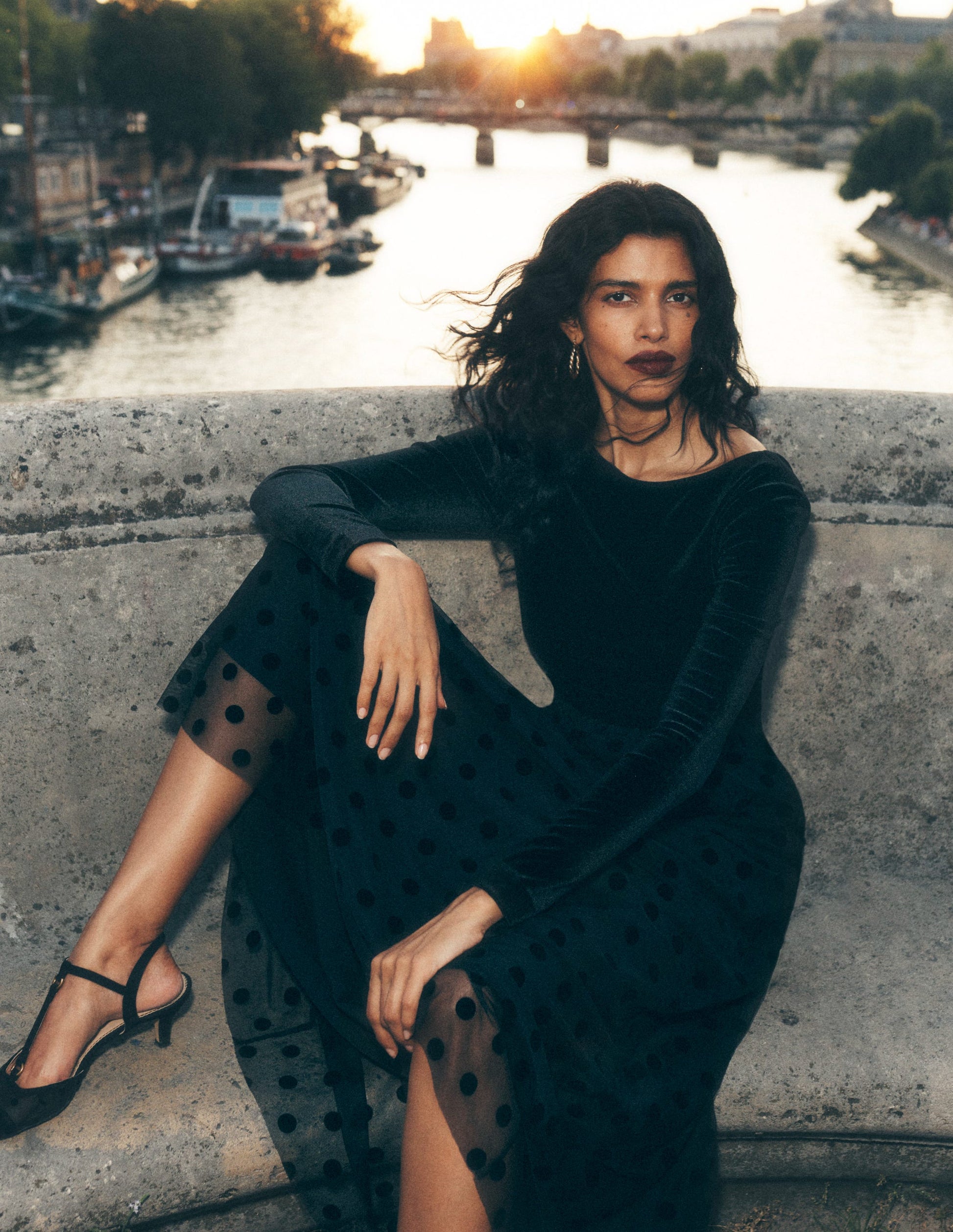 Velvet Bodice Jersey Dress-Black-1