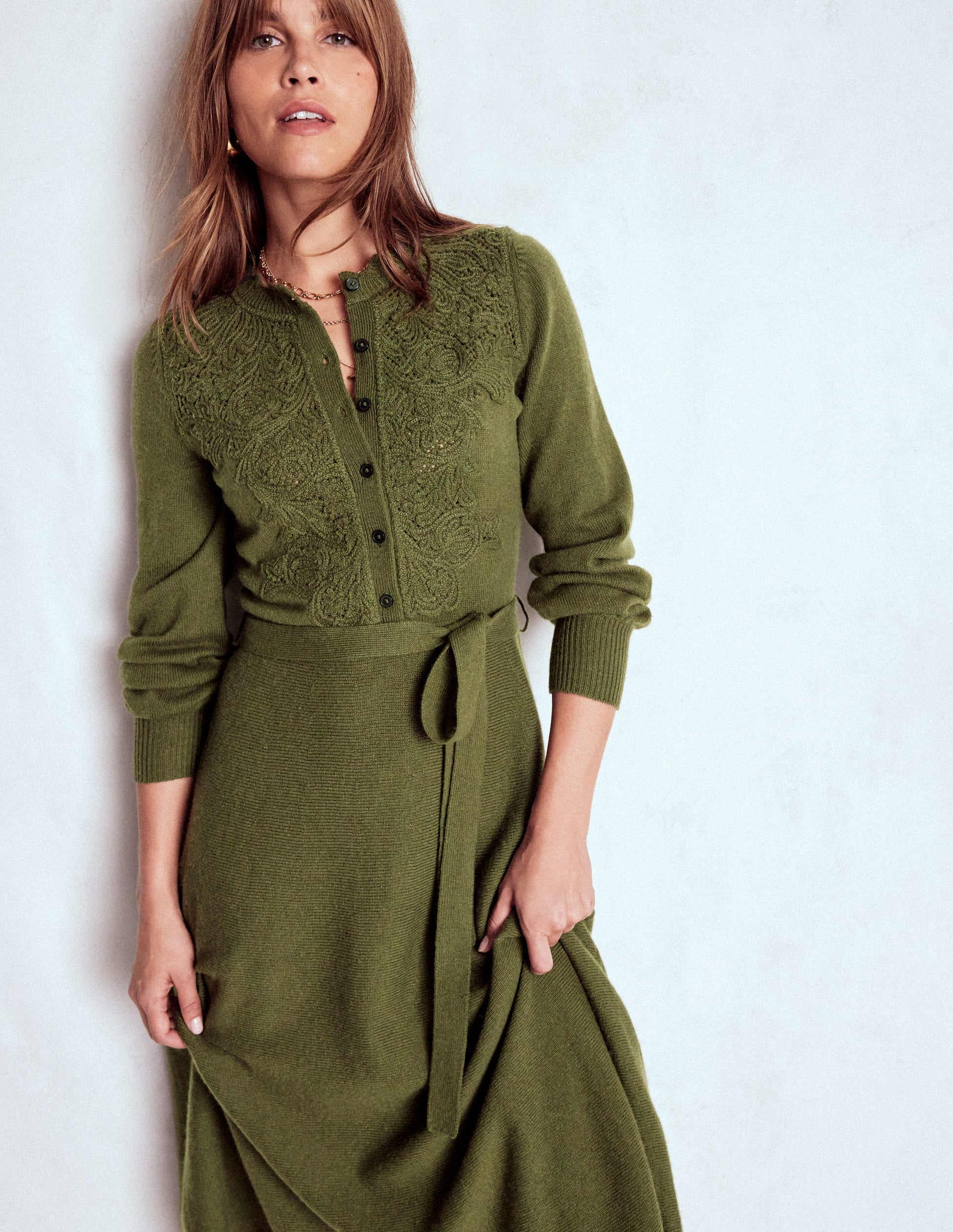 Lace Insert Knitted Midi Dress-Forest Glade-5